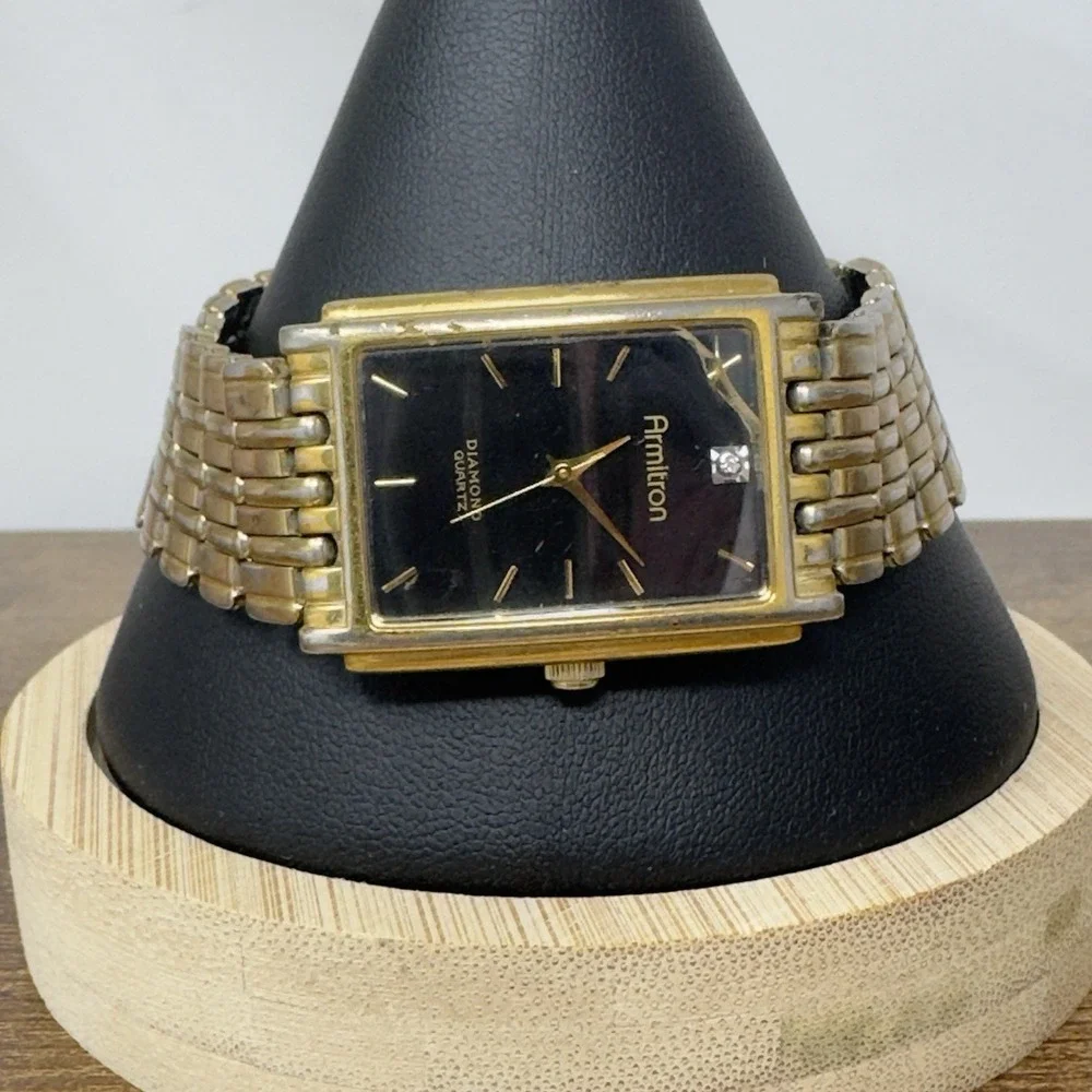 Vintage Armitron Diamond Quartz Swiss Watch Black Dial Gold tone Band 20/1270